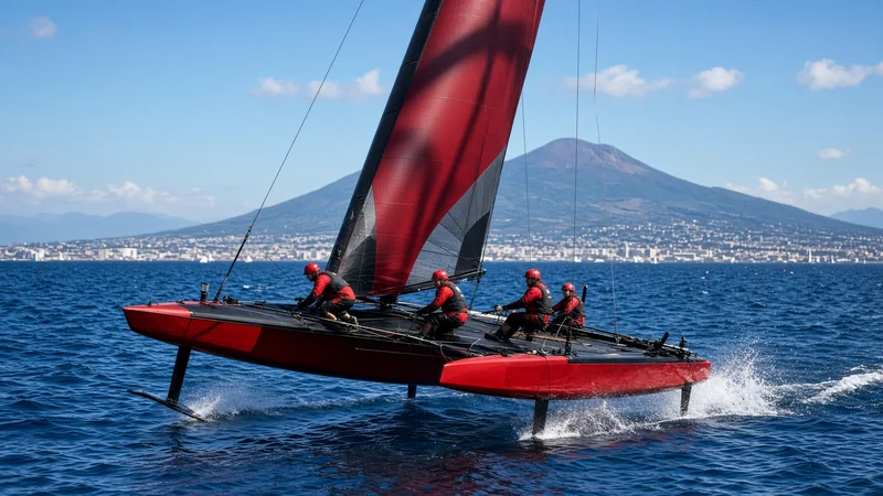 L'AC75 di Luna Rossa, con la livrea Prada, nel golfo di Napoli.