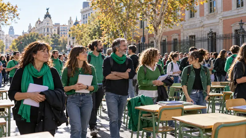 Scena editoriale IA di insegnanti in corteo pacifico a Madrid con quaderni, dettagli verdi e arredi scolastici simbolici.