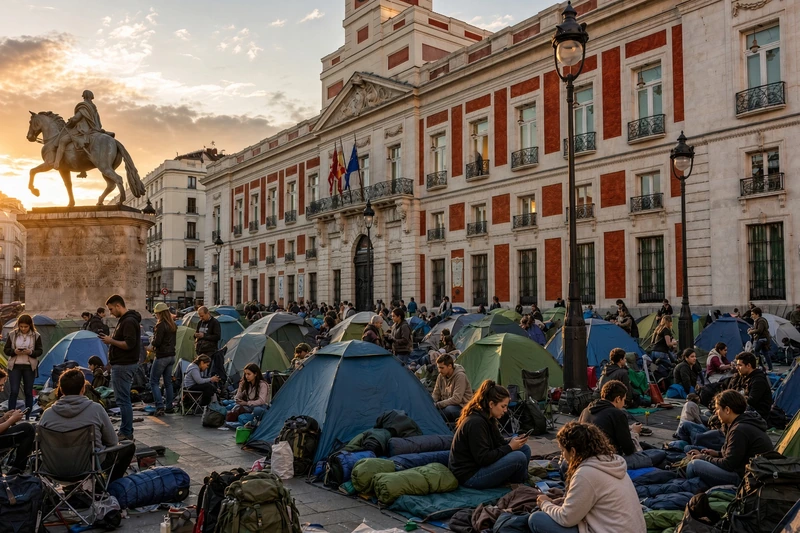 Tendopoli naturale nella Puerta del Sol di Madrid di fronte alla Real Casa de Correos; illustrazione IA fotorealistica non documentaria.