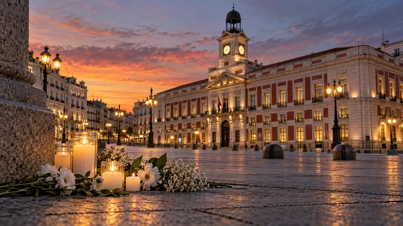 Illustrazione IA di candele e fiori con Puerta del Sol sullo sfondo; non ricostruisce documentalmente la veglia né raffigura Maricarmen.