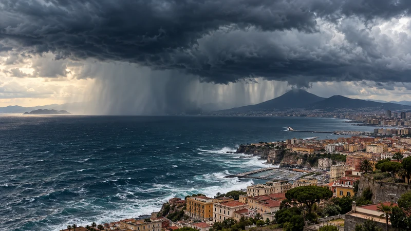 Illustrazione editoriale IA ultrarealistica di un temporale sul Centro-Sud Italia con Napoli e il Vesuvio riconoscibili; scena non documentaria.