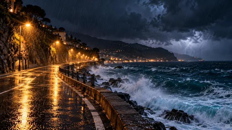 Illustrazione editoriale IA della costa ligure durante una perturbazione notturna, senza persone in pericolo.