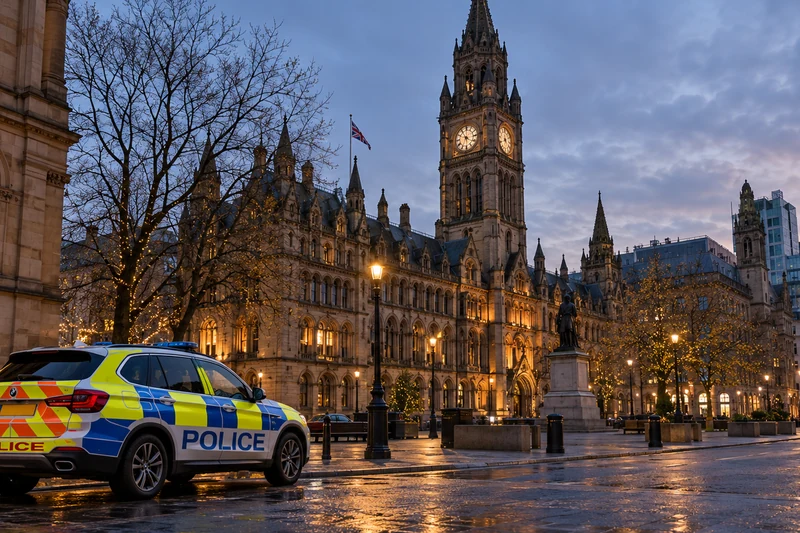 Illustrazione IA sobria di Manchester e di una vettura della polizia britannica, senza ritrarre sospettati o violenza.