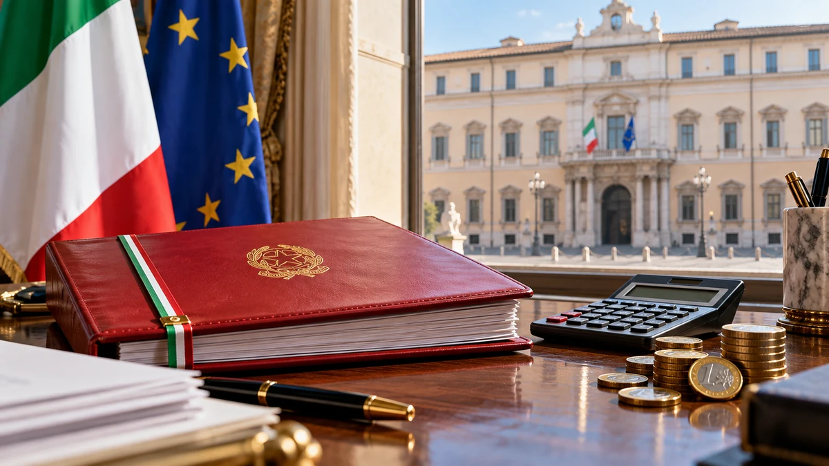 Still life editoriale IA su manovra italiana con cartella, calcolatrice ed euro.