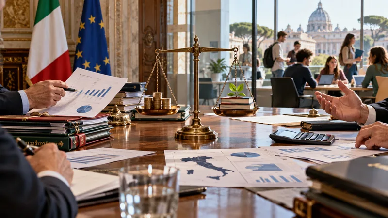 Tavolo istituzionale con bilancia tra risorse pubbliche e libri per i giovani, illustrazione editoriale IA