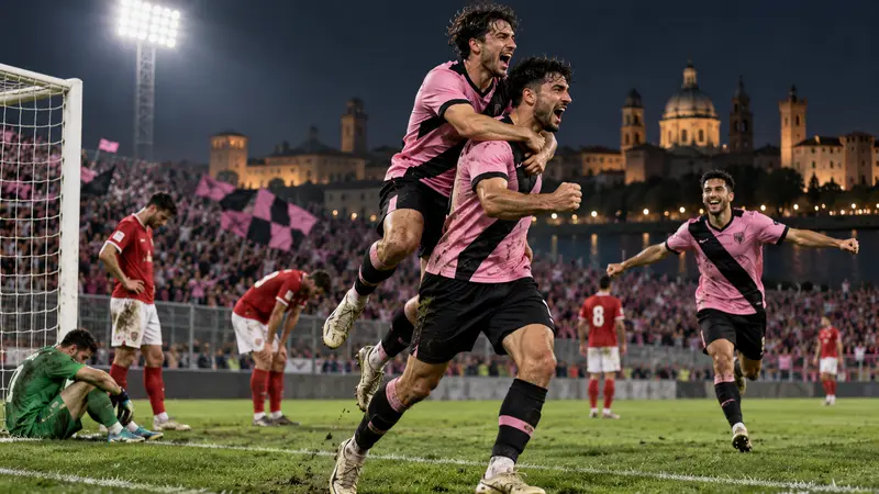 Una squadra in rosa e nero festeggia sotto i riflettori a Mantova, illustrazione editoriale IA non documentaria.