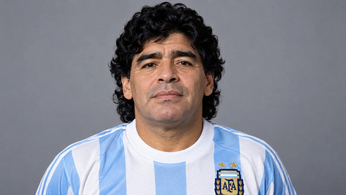 Ritratto editoriale neutrale e isolato di Diego Armando Maradona, somiglianza sintetica IA; non documenta un evento reale.