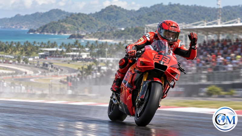 Ricostruzione editoriale IA ultrarealistica di Marc Márquez in pista a Mandalika; non è una fotografia della Sprint.