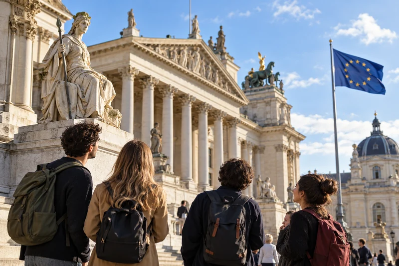 Giovani visitatori davanti a un sito storico europeo con bandiera dell’Unione, illustrazione editoriale IA.