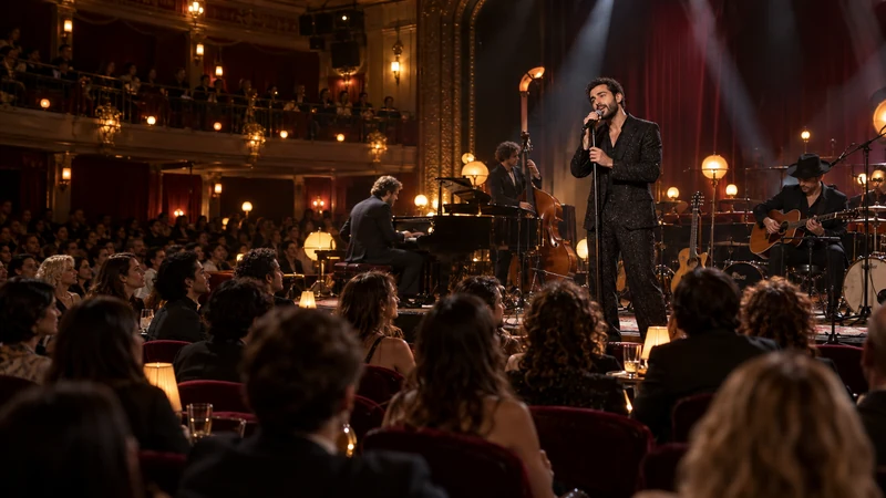 Illustrazione editoriale IA ultrarealistica di Marco Mengoni sul palco del Teatro Principe di Milano; scena non documentaria.