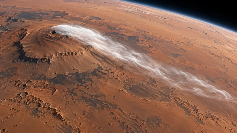 Illustrazione editoriale IA del vulcano Arsia Mons e della lunga nube di ghiaccio su Marte; non è una ripresa della sonda.