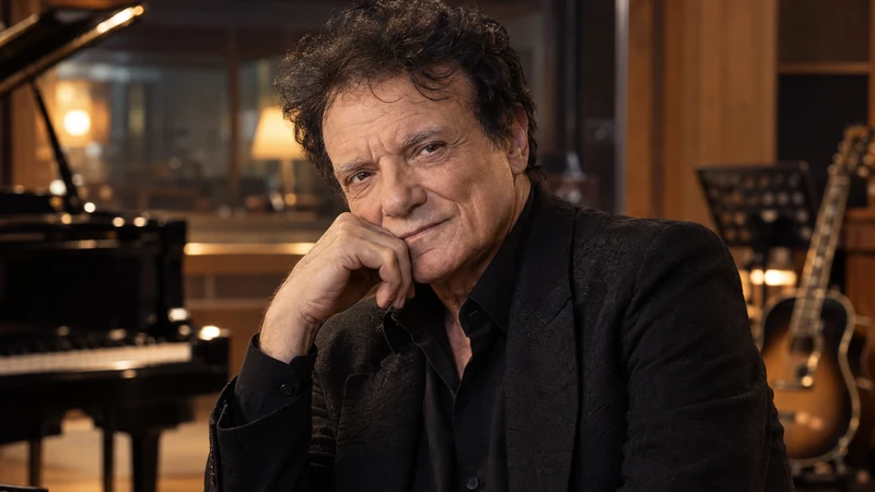 Somiglianza sintetica IA di Massimo Ranieri in un'ambientazione musicale; non è una fotografia del videoclip o la copertina ufficiale.