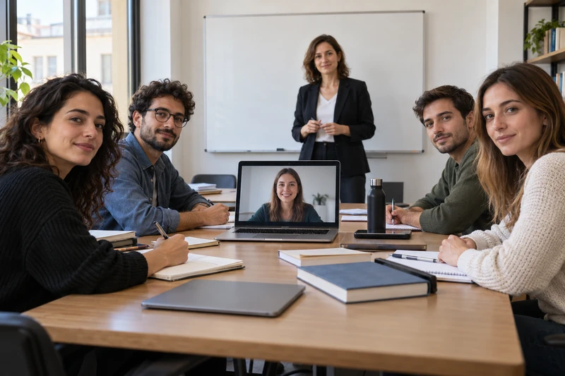 Partecipanti adulti a un seminario con docente in aula e collegamento su laptop; illustrazione IA non documentaria.