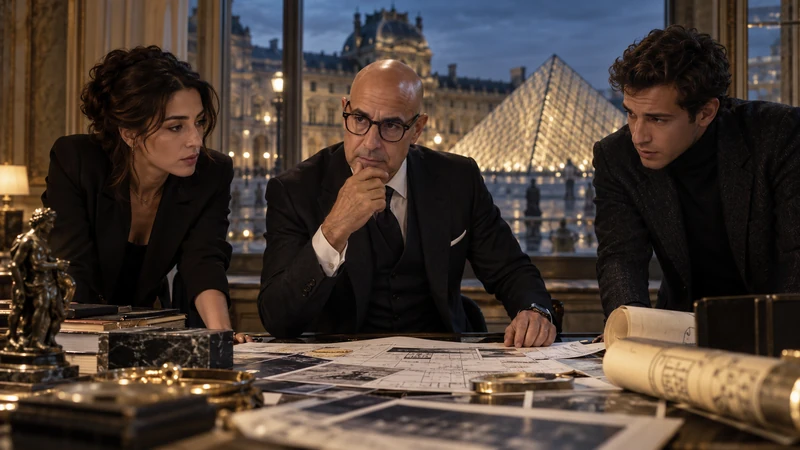 Illustrazione editoriale IA con Stanley Tucci, Simona Tabasco e Victor Belmondo in un interno elegante di Parigi; somiglianze sintetiche non documentarie.