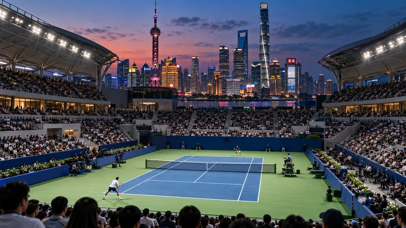 Illustrazione editoriale IA di un grande campo da tennis a Shanghai illuminato di sera; scena non documentaria.