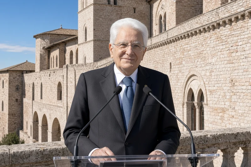 Illustrazione editoriale IA di Sergio Mattarella al podio ad Assisi davanti alla basilica; scena non documentaria.