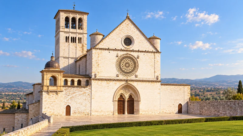 Illustrazione editoriale IA della facciata della Basilica superiore di San Francesco ad Assisi; immagine di contesto non documentaria per la visita presidenziale.