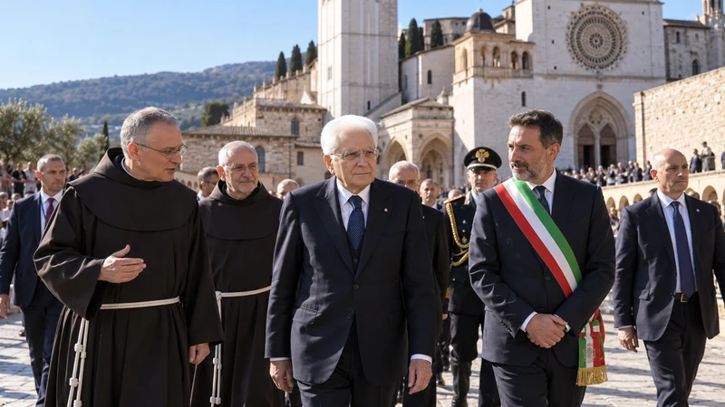 Illustrazione editoriale IA di Sergio Mattarella ad Assisi con frati francescani e rappresentanti istituzionali; scena non documentaria.