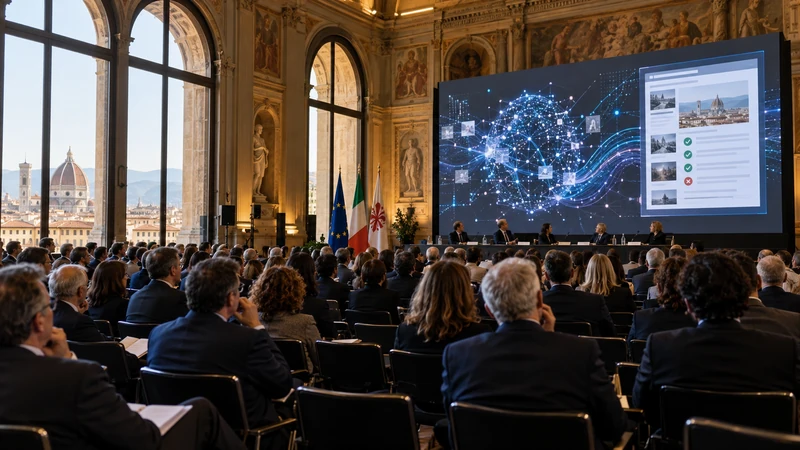 Illustrazione editoriale IA di una conferenza istituzionale a Firenze con uno schermo dedicato a intelligenza artificiale e verifica delle notizie; scena non documentaria.