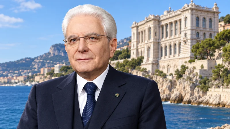 Somiglianza sintetica editoriale di Sergio Mattarella davanti al Museo Oceanografico di Monaco; scena IA non documentaria.
