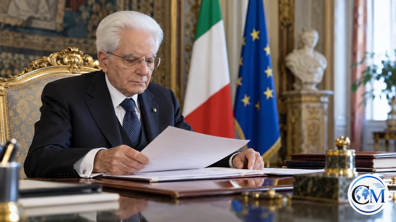Ricostruzione editoriale IA ultrarealistica di Sergio Mattarella al Quirinale mentre esamina un atto; non è una foto della promulgazione.