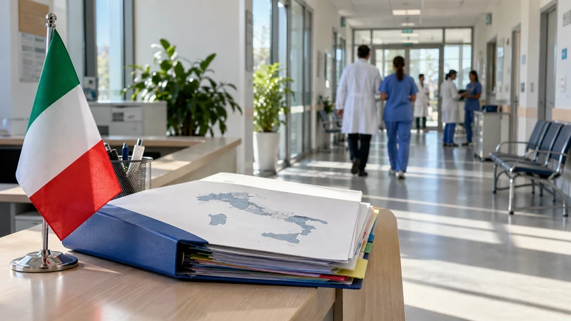 Illustrazione editoriale IA di un centro sanitario territoriale italiano con operatori e documenti di programmazione regionale; scena non documentaria.