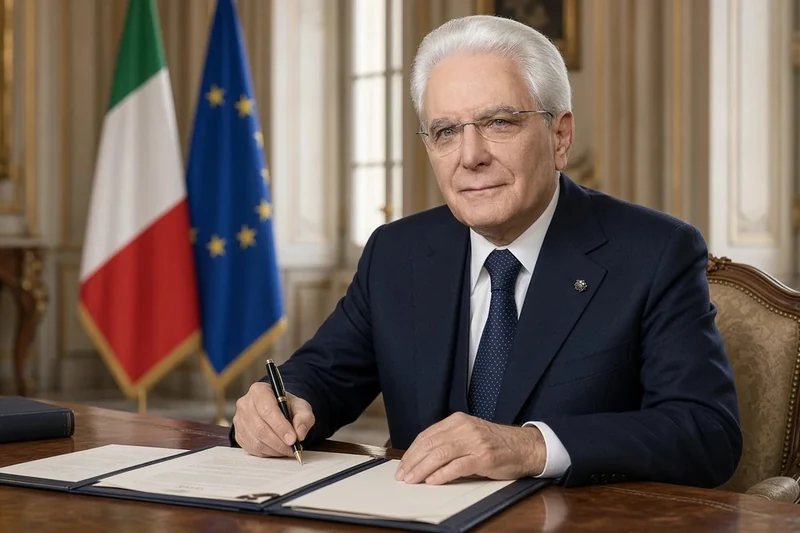 Illustrazione editoriale del presidente Sergio Mattarella al Quirinale mentre firma documenti ufficiali; non è una fotografia documentaria.