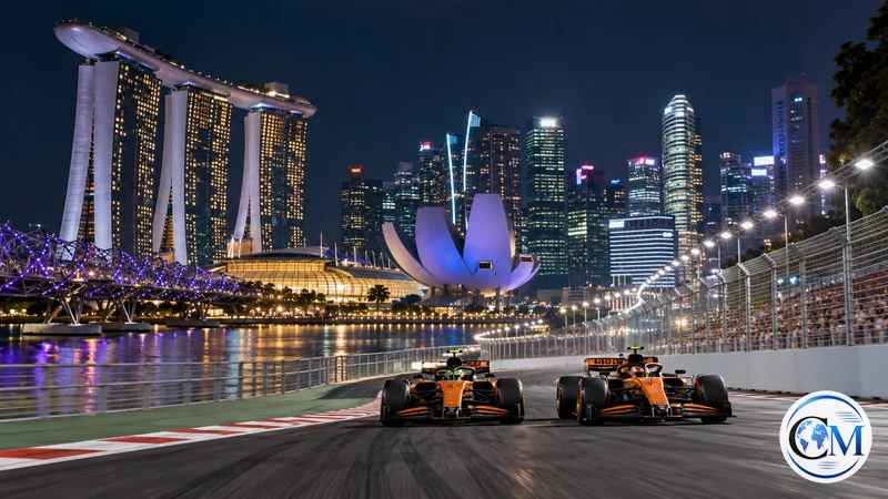 Illustrazione editoriale IA ultrarealistica di due monoposto arancioni a Singapore; non ricostruisce il contatto tra Norris e Piastri.