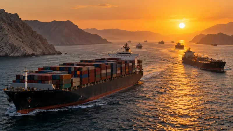Illustrazione editoriale IA di una nave mercantile in navigazione ordinaria; nessun attacco e nessun blocco, scena non documentaria.