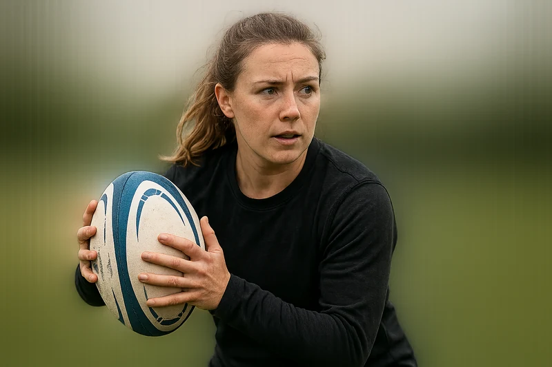 Ritratto editoriale ordinario di Megan Davey con un pallone da rugby durante un allenamento.