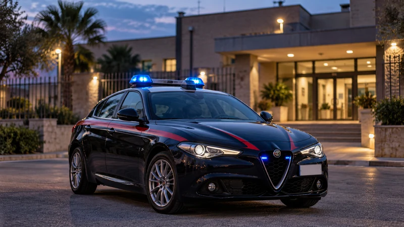 Illustrazione editoriale IA di un'auto della polizia davanti a un edificio istituzionale nel Leccese; nessuna ricostruzione dell'aggressione.