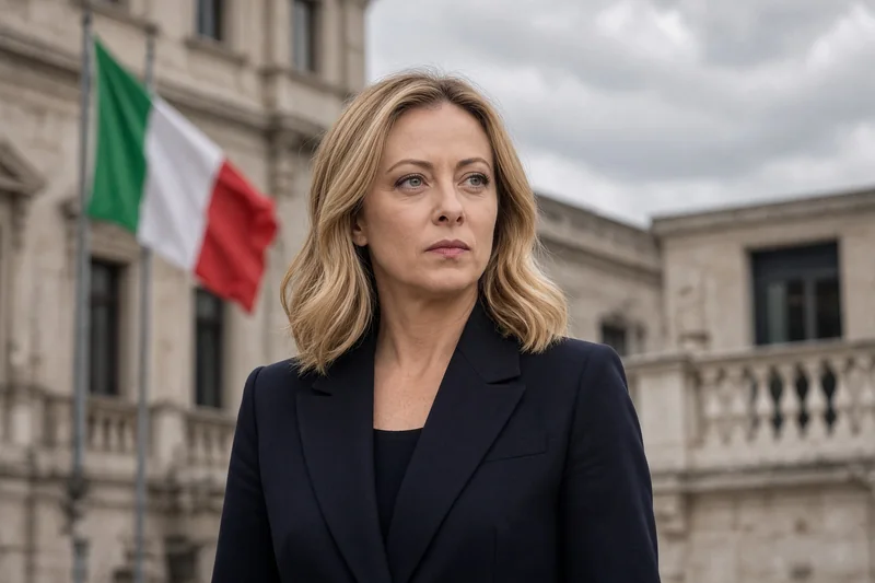 Scena editoriale contestuale generata con IA: Giorgia Meloni riconoscibile all’aperto; somiglianza sintetica, non una fotografia documentaria della visita a Gardone.
