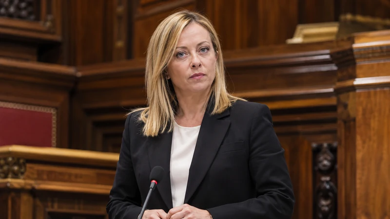 Scena editoriale IA con Giorgia Meloni in volto nell’ambiente della Camera; non è una fotografia della replica a Provenzano.