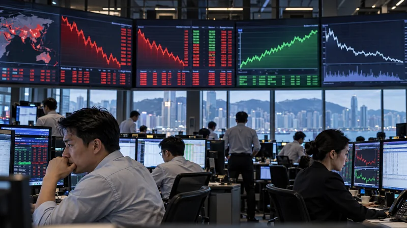 Illustrazione editoriale IA di una sala mercati asiatica durante una seduta volatile.