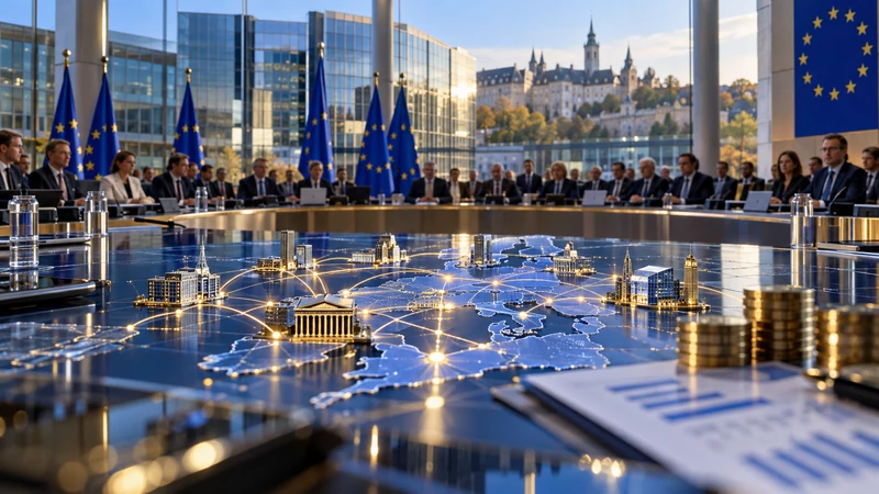 Illustrazione editoriale IA ultrarealistica di una riunione europea collegata a una rete dei mercati dei capitali; scena non documentaria.