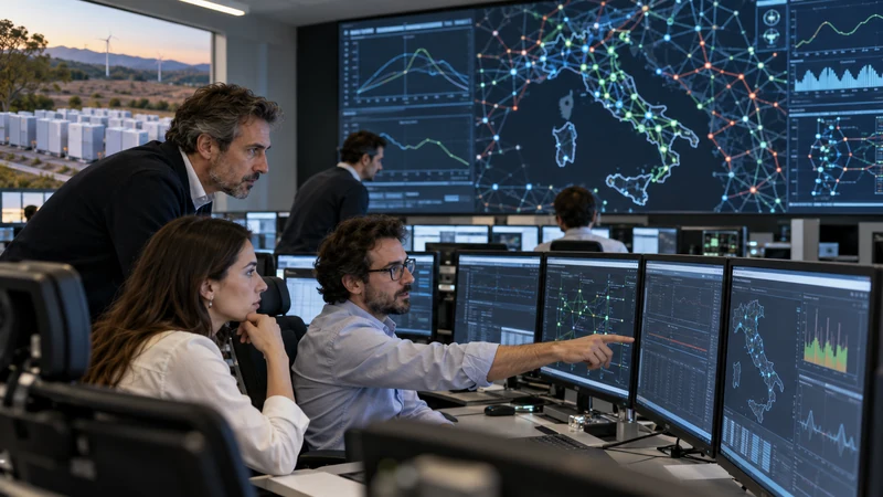Tecnici operano in una sala di controllo della rete elettrica; immagine editoriale generata con IA.
