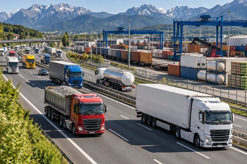Autostrada europea e terminal logistico con camion e merci diverse; illustrazione editoriale IA.