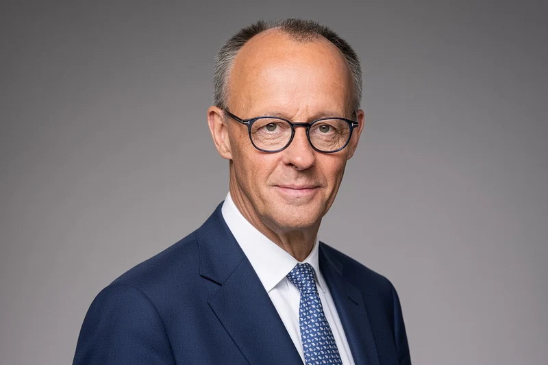 Ritratto editoriale di Friedrich Merz generato con IA, somiglianza sintetica non documentaria.