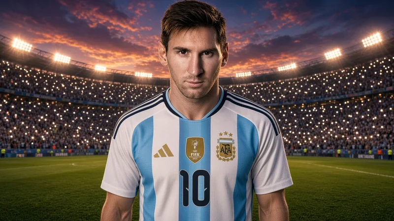 Illustrazione editoriale IA di Lionel Messi in maglia Argentina in stadio; non documentaria.