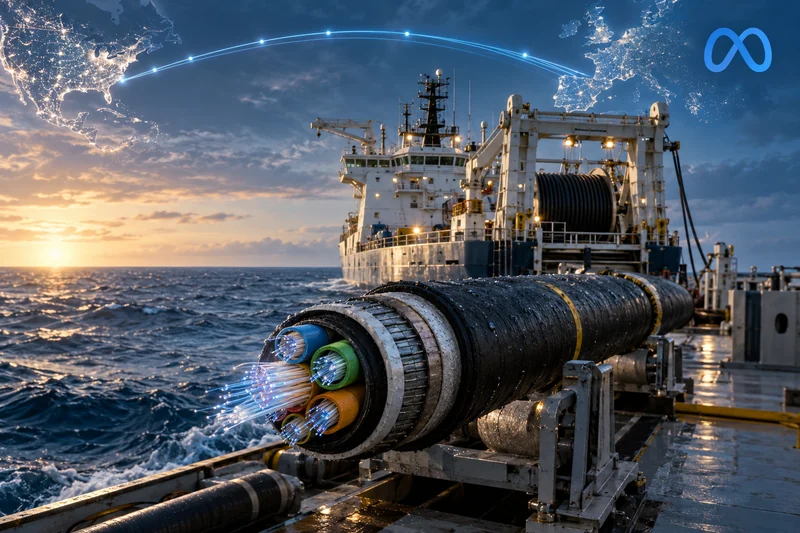 Illustrazione editoriale IA di una nave posacavi e del cavo sottomarino Petal di Meta nell’Atlantico; scena non documentaria.