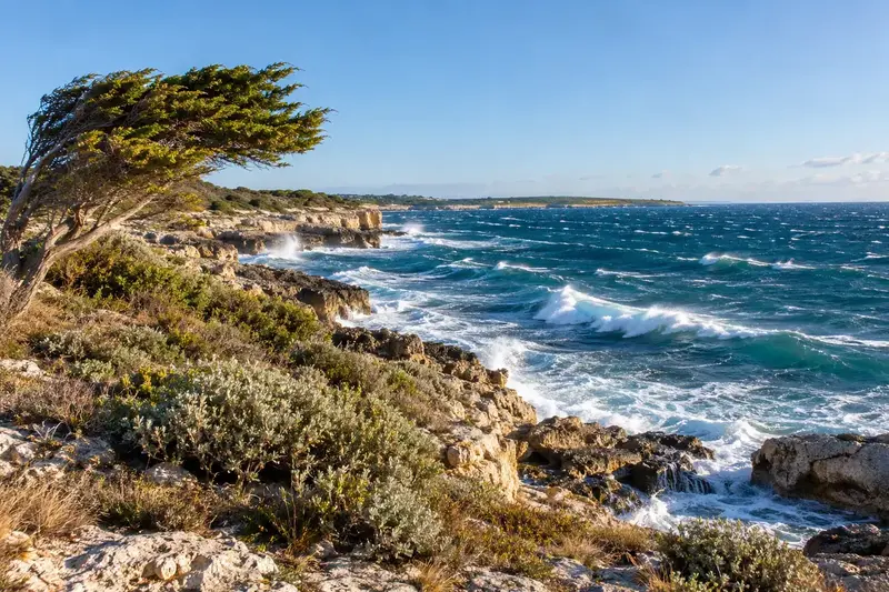Costa dell’Italia meridionale battuta dal vento con mare molto mosso