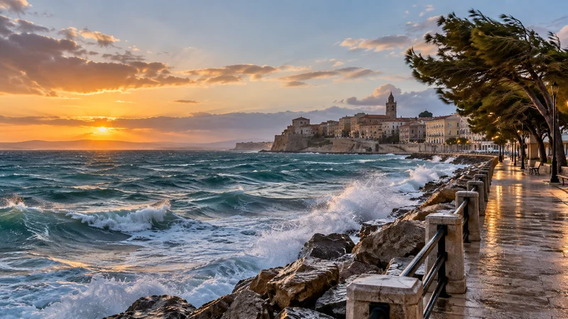 Costa adriatica italiana con mare mosso e vento forte nelle prime ore del giorno