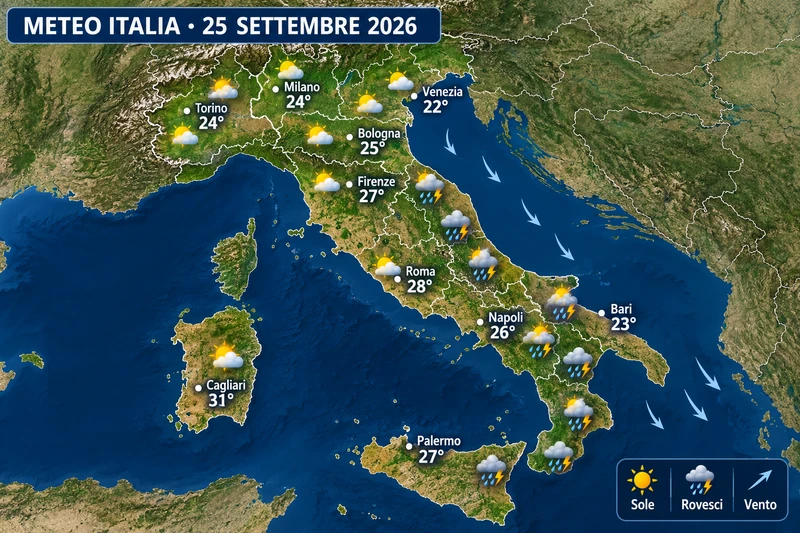 Mappa meteo editoriale IA dell’Italia del 25 settembre 2026 con confini regionali, città principali, temperature massime, sole al Nord e rovesci sul versante adriatico e al Sud.