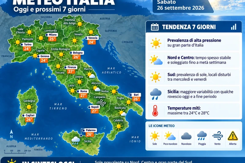 Mappa meteo editoriale dell’Italia per sabato 26 settembre 2026 con regioni, città principali, temperature e tendenza dei successivi sette giorni.