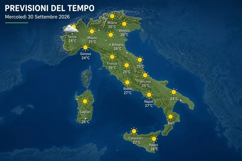 Mappa meteo editoriale dell’Italia per mercoledì 30 settembre 2026, con sole sulle regioni, temperature sulle città principali e nubi leggere al Nord-Ovest.