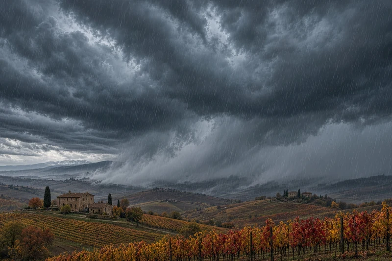 Illustrazione editoriale IA di temporale autunnale su colline italiane con vigneti; scena non documentaria.