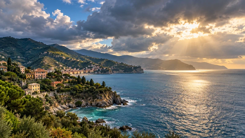 Illustrazione editoriale IA della costa ligure sotto nubi variabili e schiarite, senza dati o simboli nei pixel; scena non documentaria.