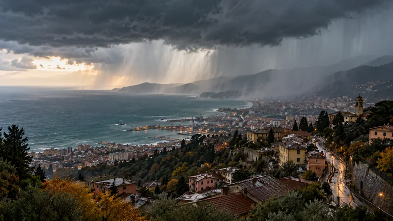 Nubi temporalesche e pioggia su una città italiana al mattino