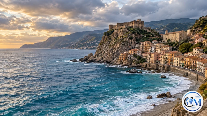 Illustrazione editoriale IA della costa tirrenica calabrese sotto nubi sparse; non mostra un fenomeno osservato oggi.
