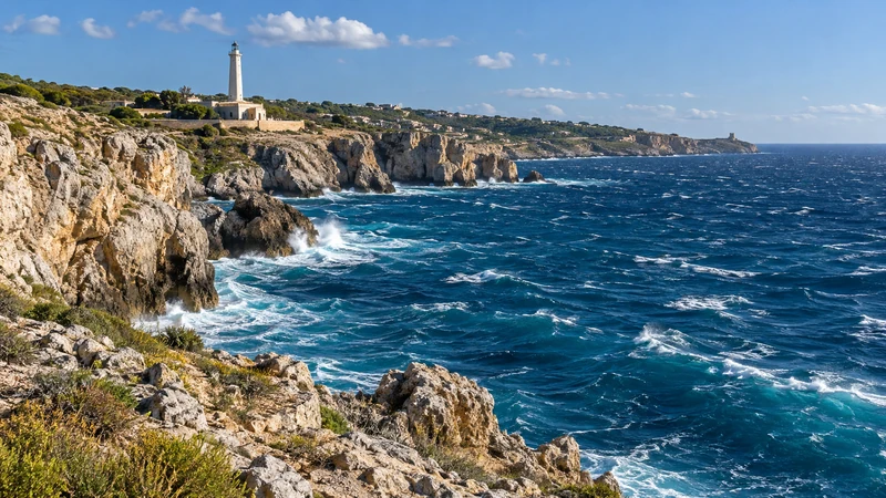 Illustrazione editoriale IA della costa di Santa Maria di Leuca con mare mosso; rappresenta una previsione, non condizioni osservate.